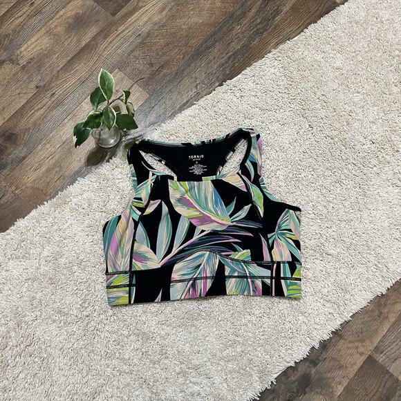 Torrid Active Size 0X Black Summer Leaves Low Impact Racerback Sports Bra - Picture 2 of 5